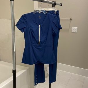 2 Blue Piece Scrubs with Gold Detailing